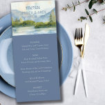 Mountain Lake Watercolor Dusty Blue Wedding Menu<br><div class="desc">Mountain wedding menu with scenic watercolor design in shades of dusty blue and green. The lakeside scene features mountains,  greenery and pine trees,  the lake and a light sky. The courses and menu items are fully editable. If you would like matching products,  please browse my Mountain Lake collection.</div>