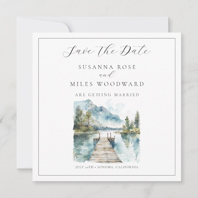 Mountain Lake Watercolor Forest Trees Save the Dat Invitation (Front)