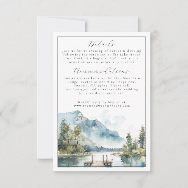 Mountain Lake Watercolor Forest Trees Save the Dat RSVP Card (Front)