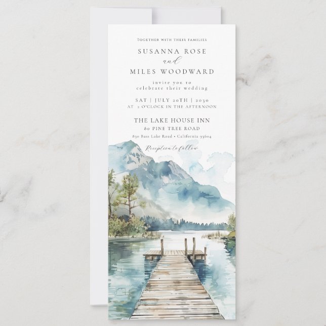 Mountain Lake Watercolor Forest Trees Wedding Invitation (Front)