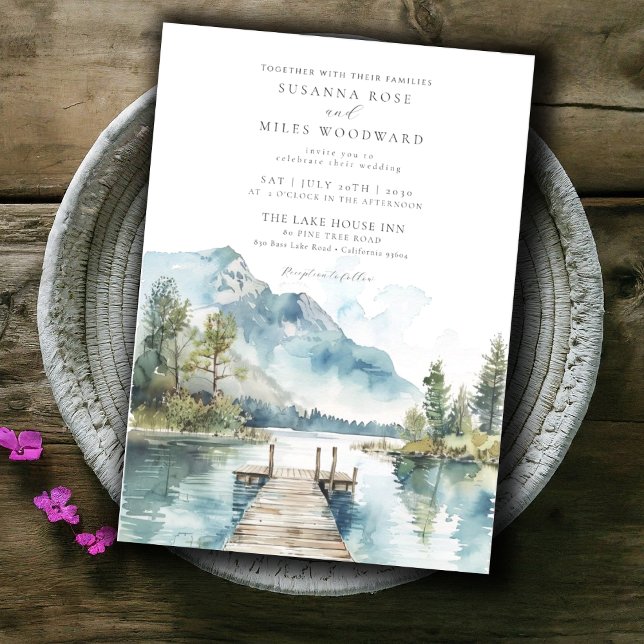 Mountain Lake Watercolor Forest Trees Wedding Invitation (Creator Uploaded)