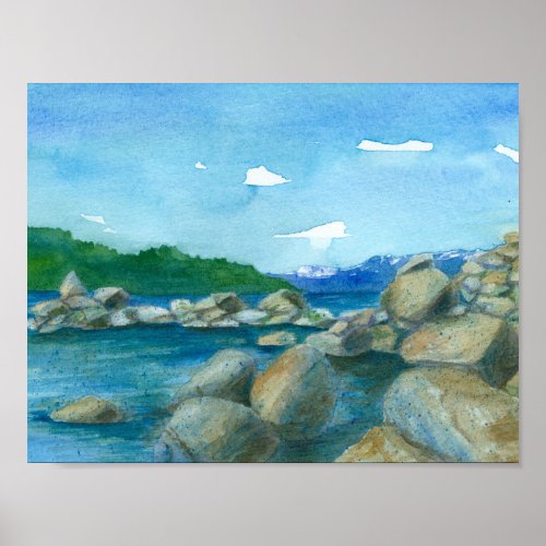 Mountain Lake Watercolor Landscape Painting Poster