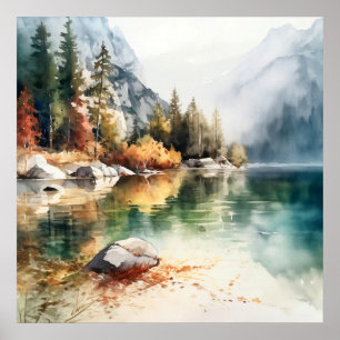 Mountain Lake Watercolor Painting Art Print