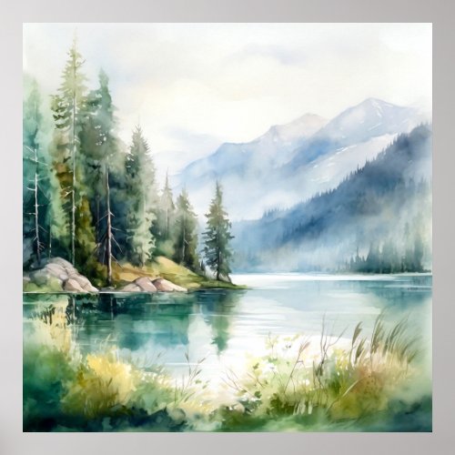  Mountain Lake Watercolor Painting Art Print