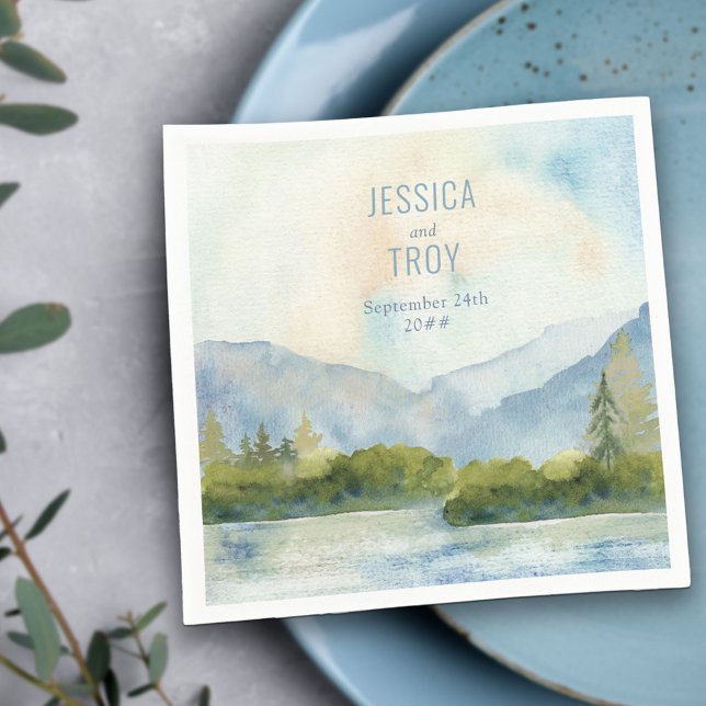 Mountain Lake Watercolor Personalized Wedding Napkins (Creator Uploaded)