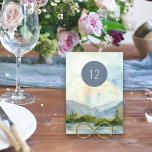 Mountain Lake Watercolor Scenic Editable Table Number<br><div class="desc">Mountain wedding table number card with scenic watercolor design in shades of dusty blue and green. The lakeside scene features mountains, greenery and pine trees, the lake and a light sky. The table number is editable and displayed on both sides. If you would like matching products, please browse my Mountain...</div>