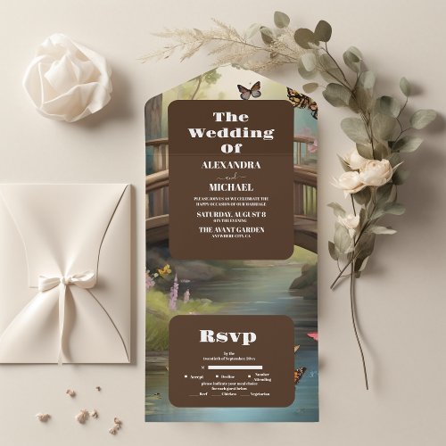 Mountain Lake Watercolor Tree Wedding All In One Invitation