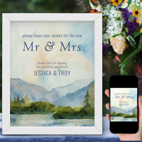 Mountain Lake Watercolor Wedding Guest Book Sign