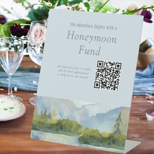 Mountain Lake Watercolor Wedding Honeymoon Fund Pedestal Sign