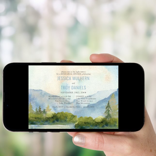 Mountain Lake Watercolor Wedding Rehearsal Dinner Invitation (Front Digital)