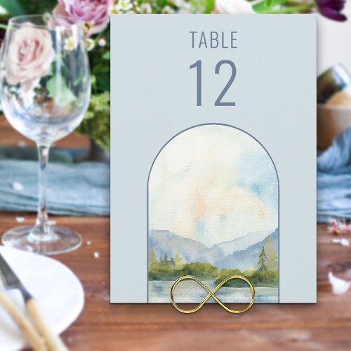 Mountain Lake Watercolor Wedding Table Number