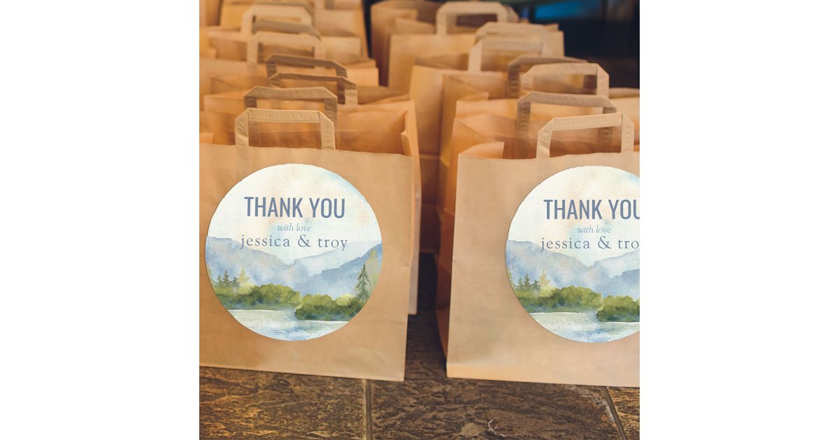 Mountain Lake Watercolor Wedding Thank You Classic Round Sticker | Zazzle