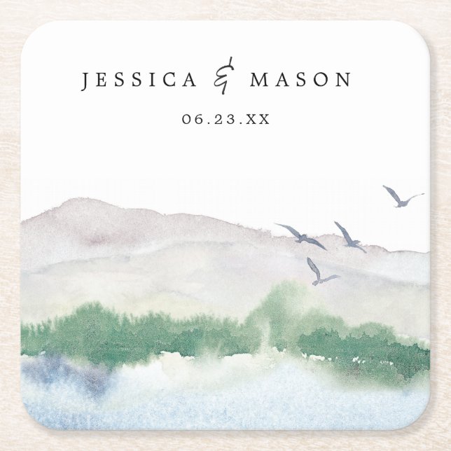 Mountain Lake Wedding Coasters (Front)