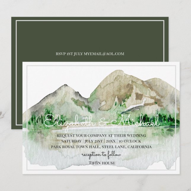 Mountain Lake Wedding Invitations Watercolor (Front/Back)