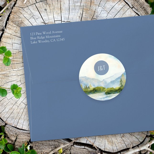 Mountain Lake Wedding Simple Monogram Watercolor Classic Round Sticker (Creator Uploaded)