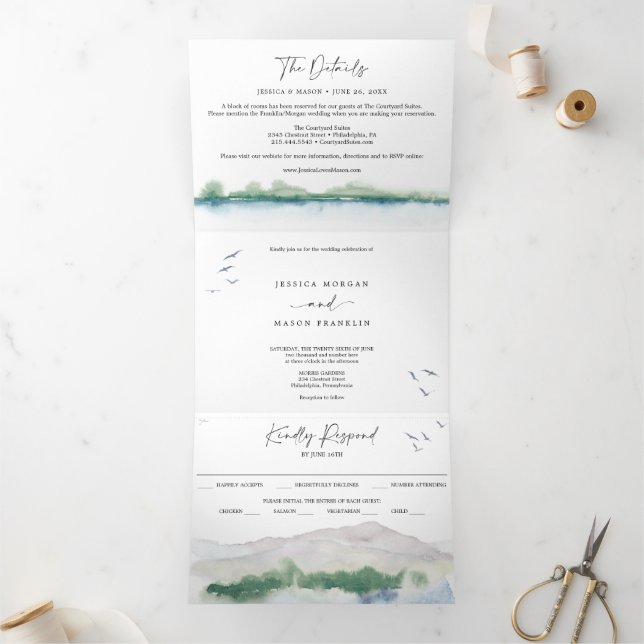 Mountain Lake Wedding Tri-Fold Invitations RSVP (Inside)