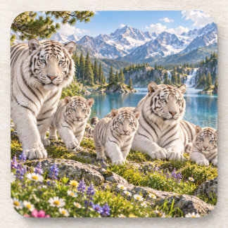 Mountain Lake White Tiger Family Design Beverage Coaster