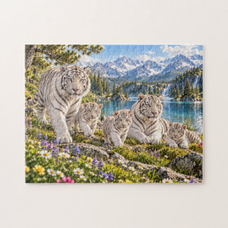 Mountain Lake White Tiger Family Design Jigsaw Puzzle