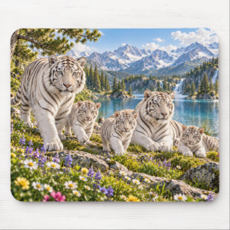 Mountain Lake White Tiger Family Design Mouse Pad