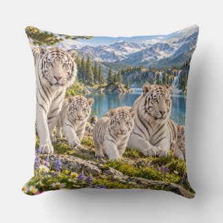 Mountain Lake White Tiger Family Design Throw Pillow