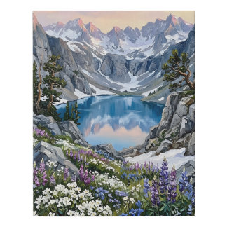 Mountain Lake Wildflower Meadow Art Wall Winter Faux Canvas Print