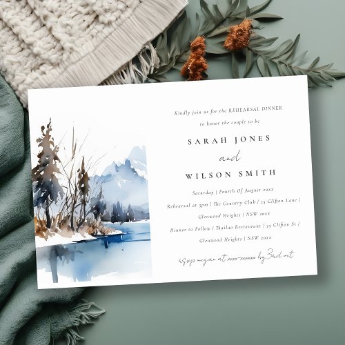 Mountain Lake Winter Landscape Rehearsal Dinner Invitation