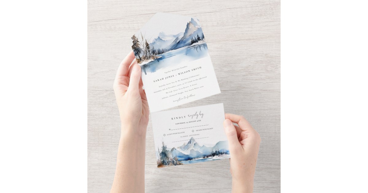 Mountain Lake Winter Snow Landscape Wedding All In One Invitation | Zazzle