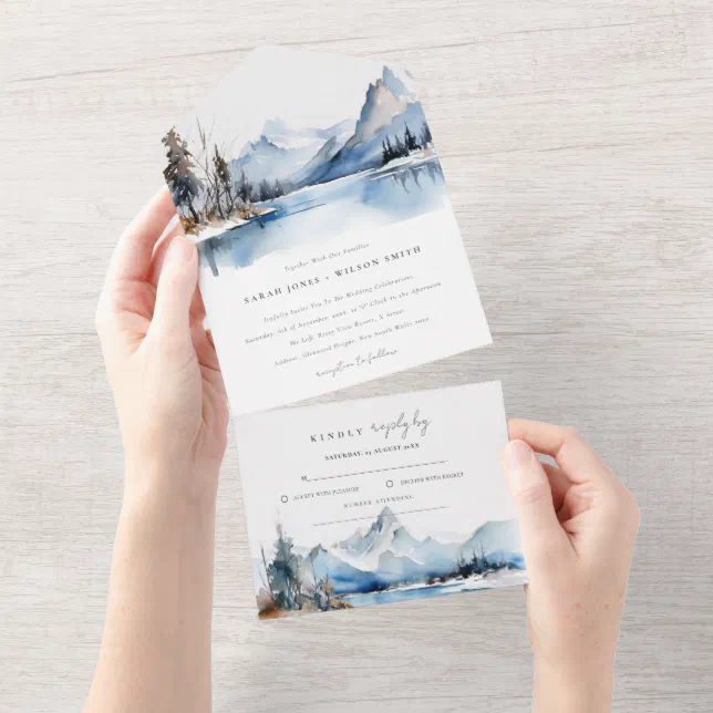 Mountain Lake Winter Snow Landscape Wedding All In One Invitation | Zazzle