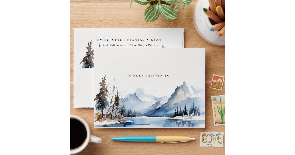 Mountain Lake Winter Snow Landscape Wedding Envelope | Zazzle