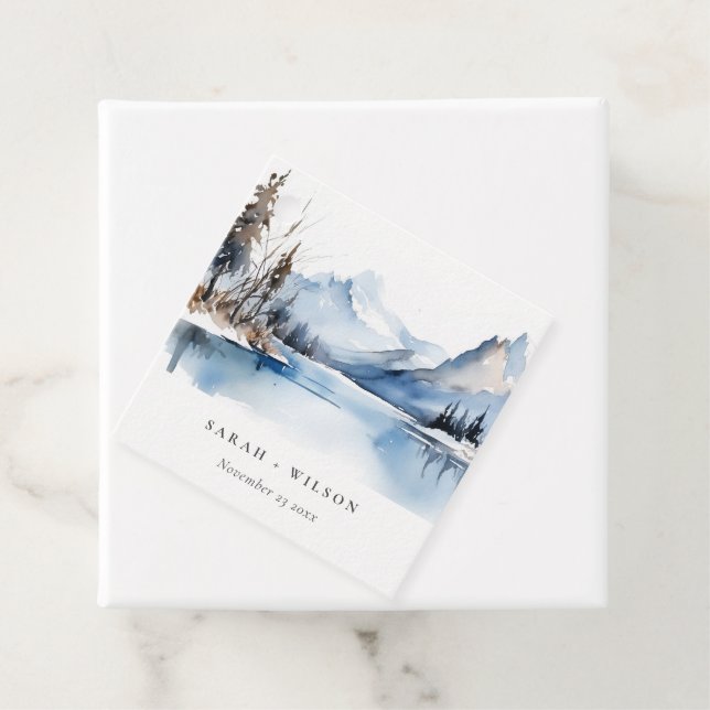 Mountain Lake Winter Snow Landscape Wedding Favor Tags (In Situ)