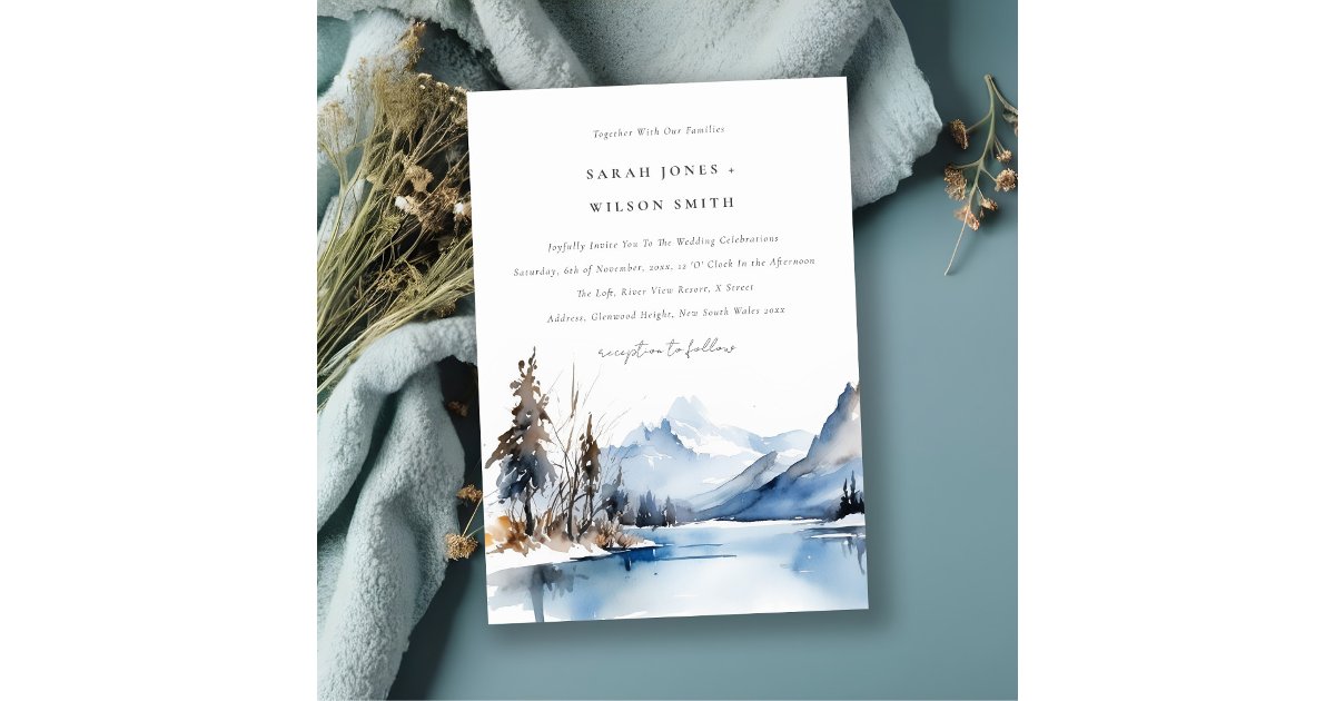 Mountain Lake Winter Snow Landscape Wedding Invitation | Zazzle