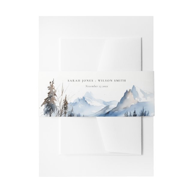 Mountain Lake Winter Snow Landscape Wedding Invitation Belly Band (Front Example)
