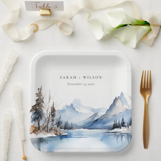 Mountain Lake Winter Snow Landscape Wedding Paper Plates (Wedding)