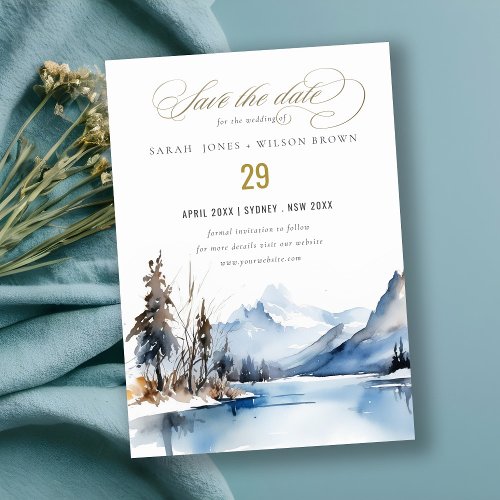 Mountain Lake Winter Snow Landscape Wedding Save The Date