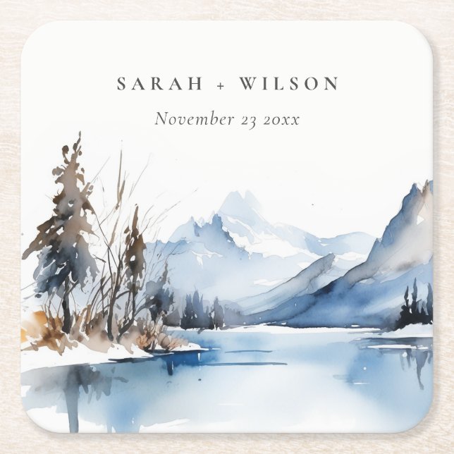 Mountain Lake Winter Snow Landscape Wedding Square Paper Coaster (Front)