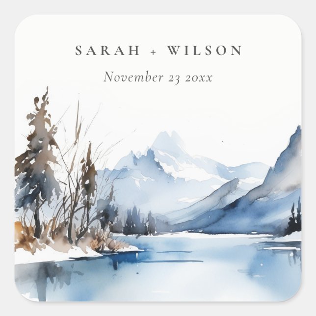 Mountain Lake Winter Snow Landscape Wedding Square Sticker (Front)