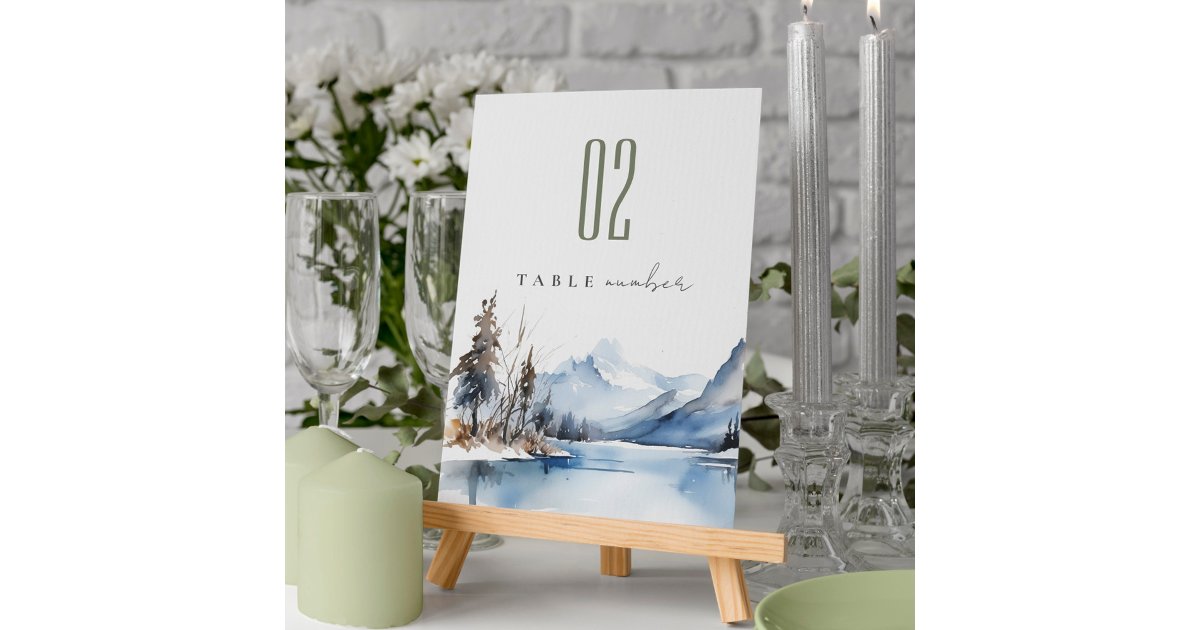 Mountain Lake Winter Snow Landscape Wedding Table Number | Zazzle