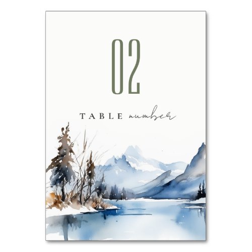 Mountain Lake Winter Snow Landscape Wedding Table Number