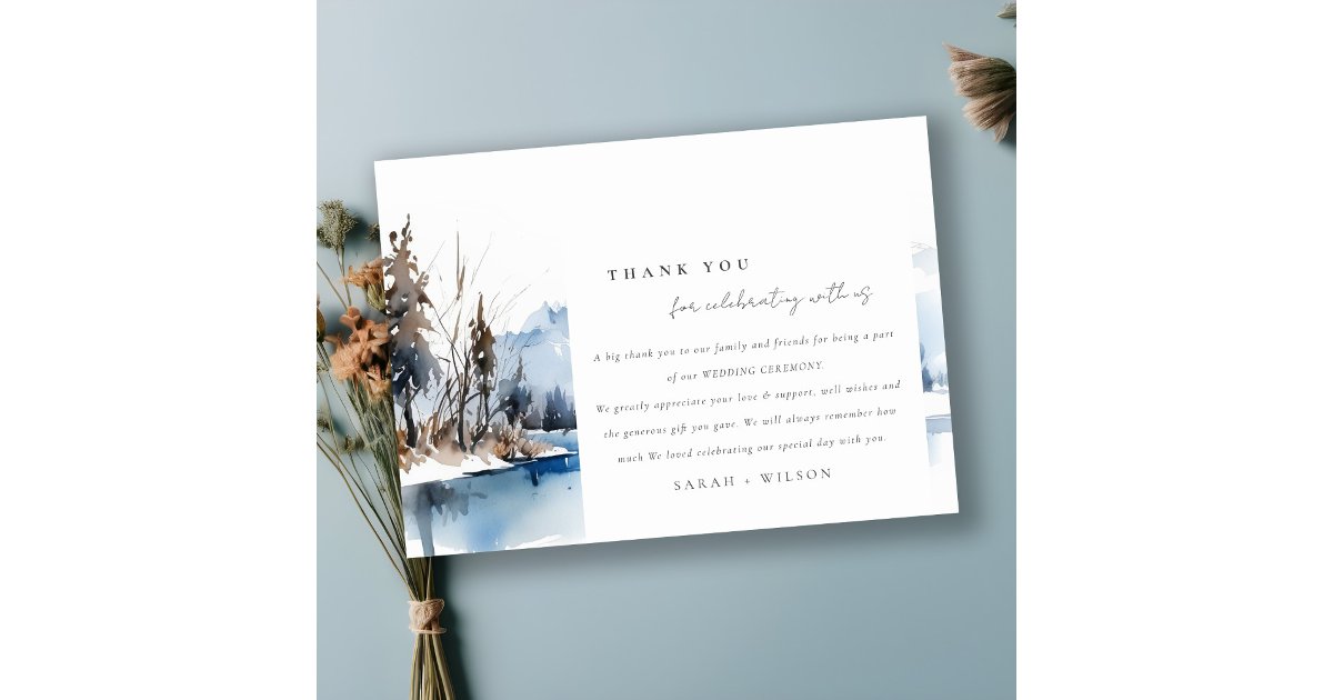Mountain Lake Winter Snow Landscape Wedding Thank You Card | Zazzle