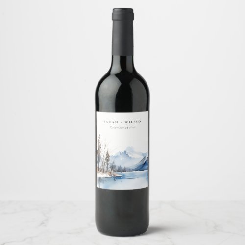 Mountain Lake Winter Snow Landscape Wedding Wine Label