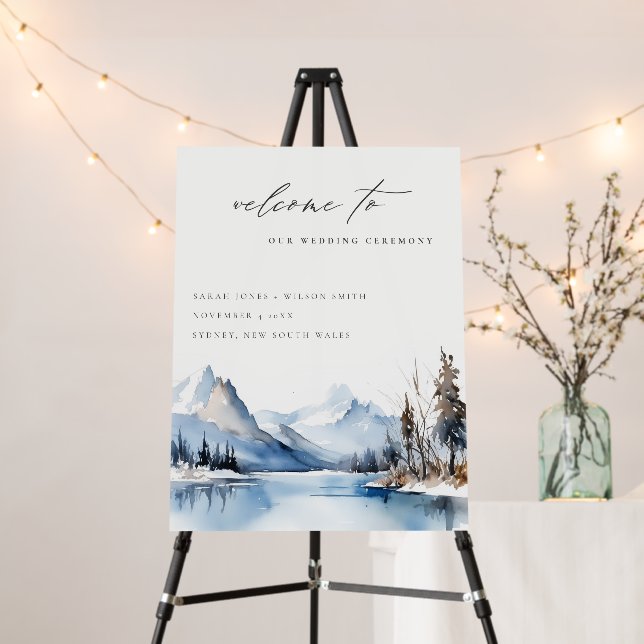Mountain Lake Winter Snow Wedding Welcome Foam Board (In Situ (Stand))