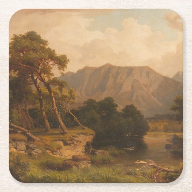 Mountain Lake with Herons – Heinrich Funk Square Paper Coaster (Front)