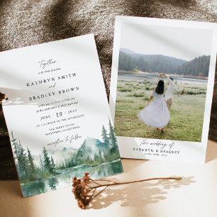 Mountain Lake Woodland Photo Back Wedding Invitation