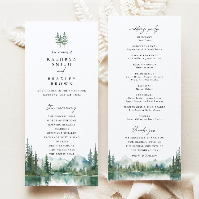 Mountain Lake Woodland Wedding Ceremony Program (Mountain Lake Wedding Program, Woodland Wedding Ceremony Program, Forest Wedding Stationery Suite)