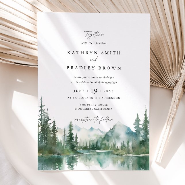 Mountain Lake Woodland Wedding Invitation (Mountain Lake Wedding Invitation with Photo Back, Watercolor Forest Woodland Wedding Invitation)