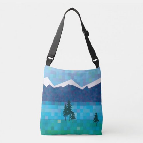 Mountain lakes pine trees and snowy peaks crossbody bag