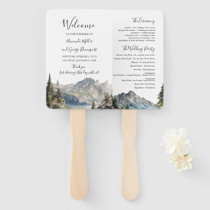 Mountain lakeside forest wedding program fan
