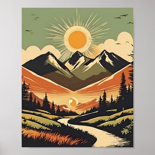 Mountain Landscape Abstract Green Orange Poster