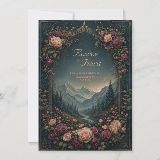 Mountain Landscape and Floral Arch Wedding Invitation (Front)