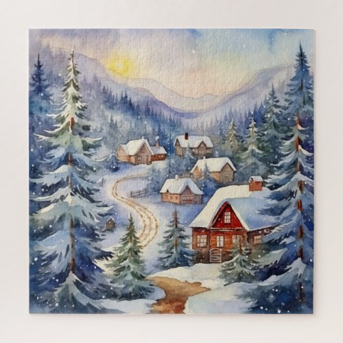 Mountain Landscape and Village in Snowy Scene Jigsaw Puzzle